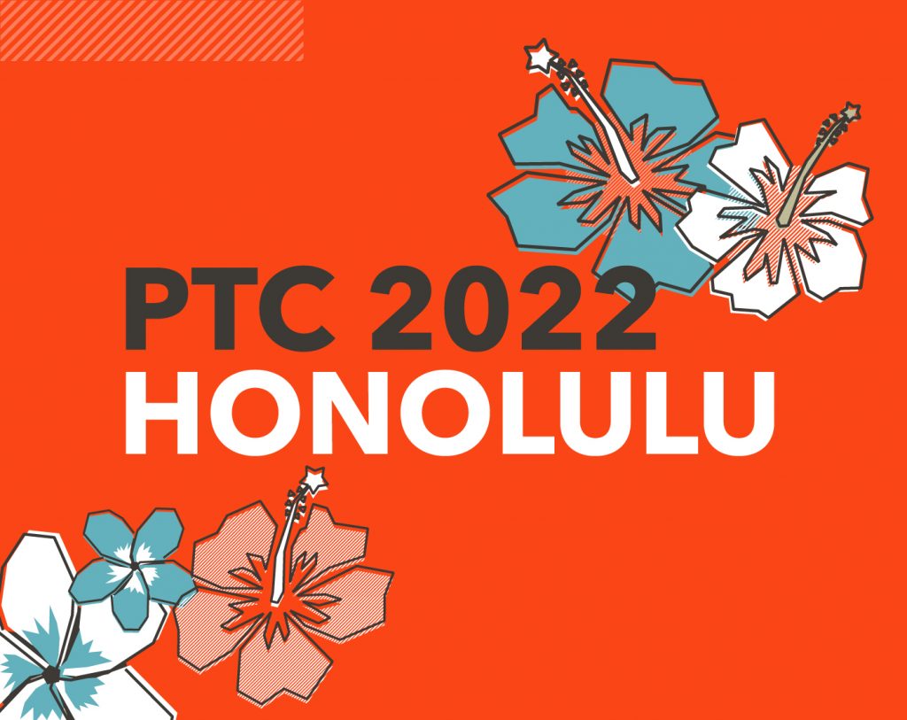 Honolulu illustration with blue flowers and orange background